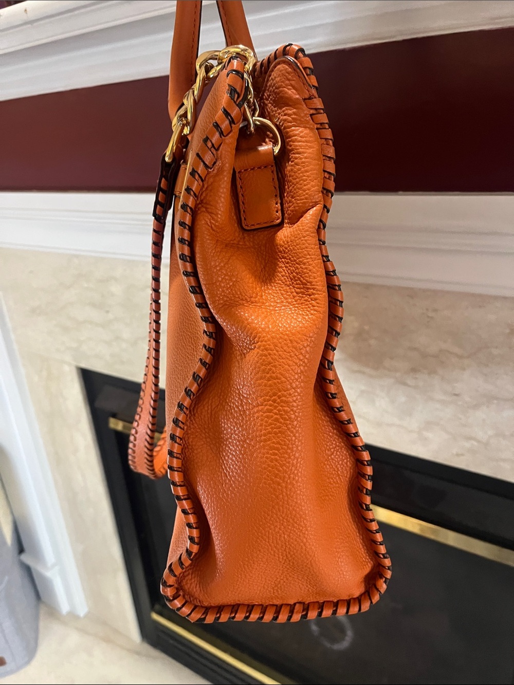 Michael Kors Orange Soft Pebbled Leather Hamilton Tote with Whipstitch Trim - Picture 7 of 11